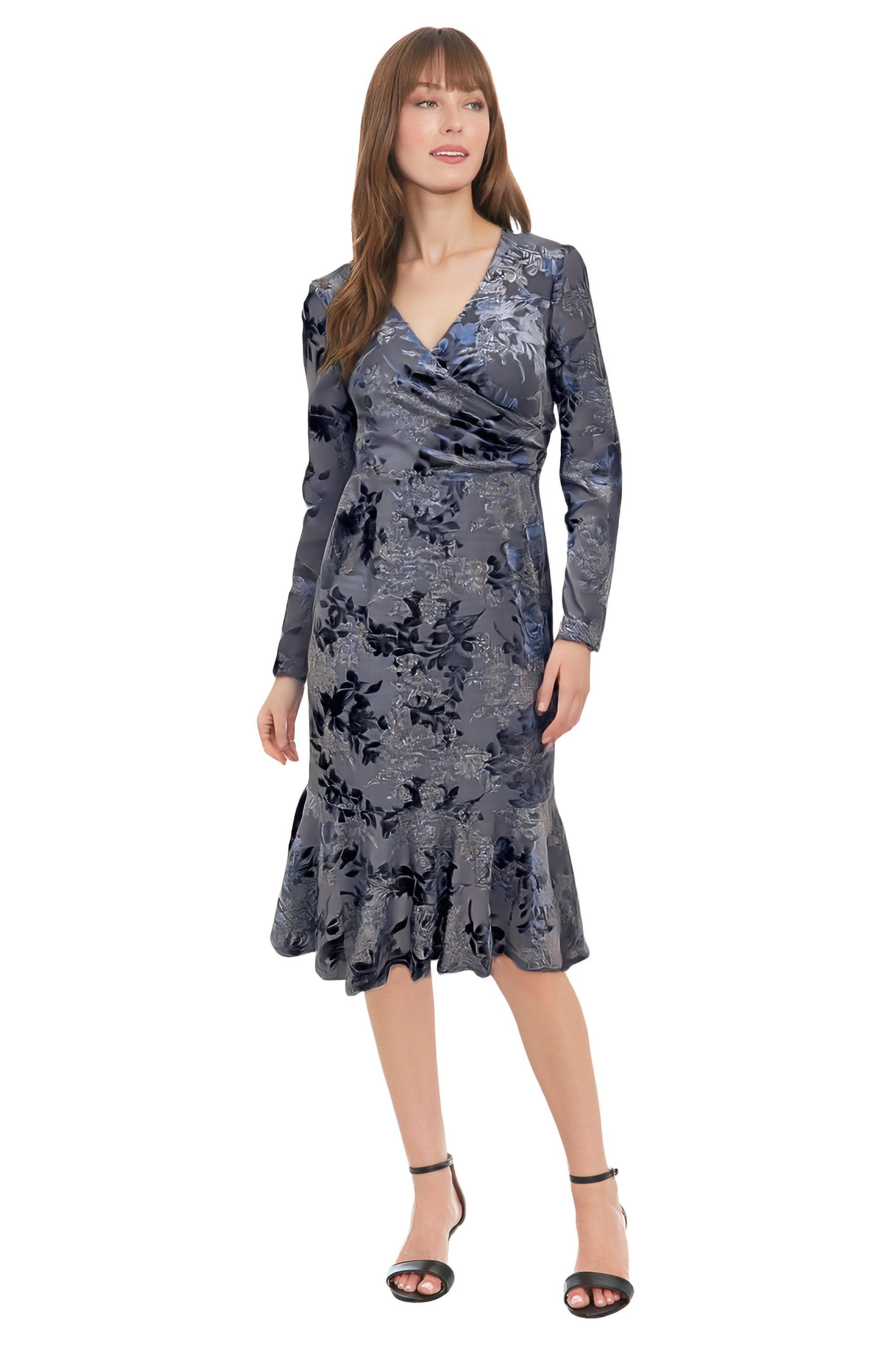 Marlise Shimmering Velvet Faux Wrap Dress A-Line | London Times MULLED GRAPE/SILVER / Standard / 8 Marlise Shimmering Velvet Faux Wrap Dress A-Line | London Times MULLED GRAPE/SILVER / Standard / 8