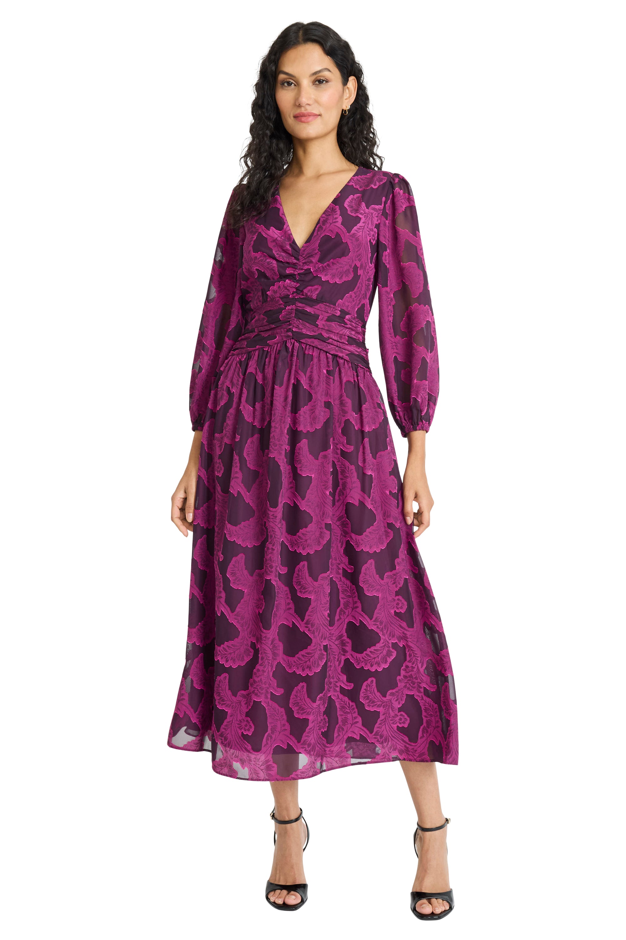 Juliana Ruched Waist V-Neck Flocked Midi Juliana Ruched Waist V-Neck Flocked Midi