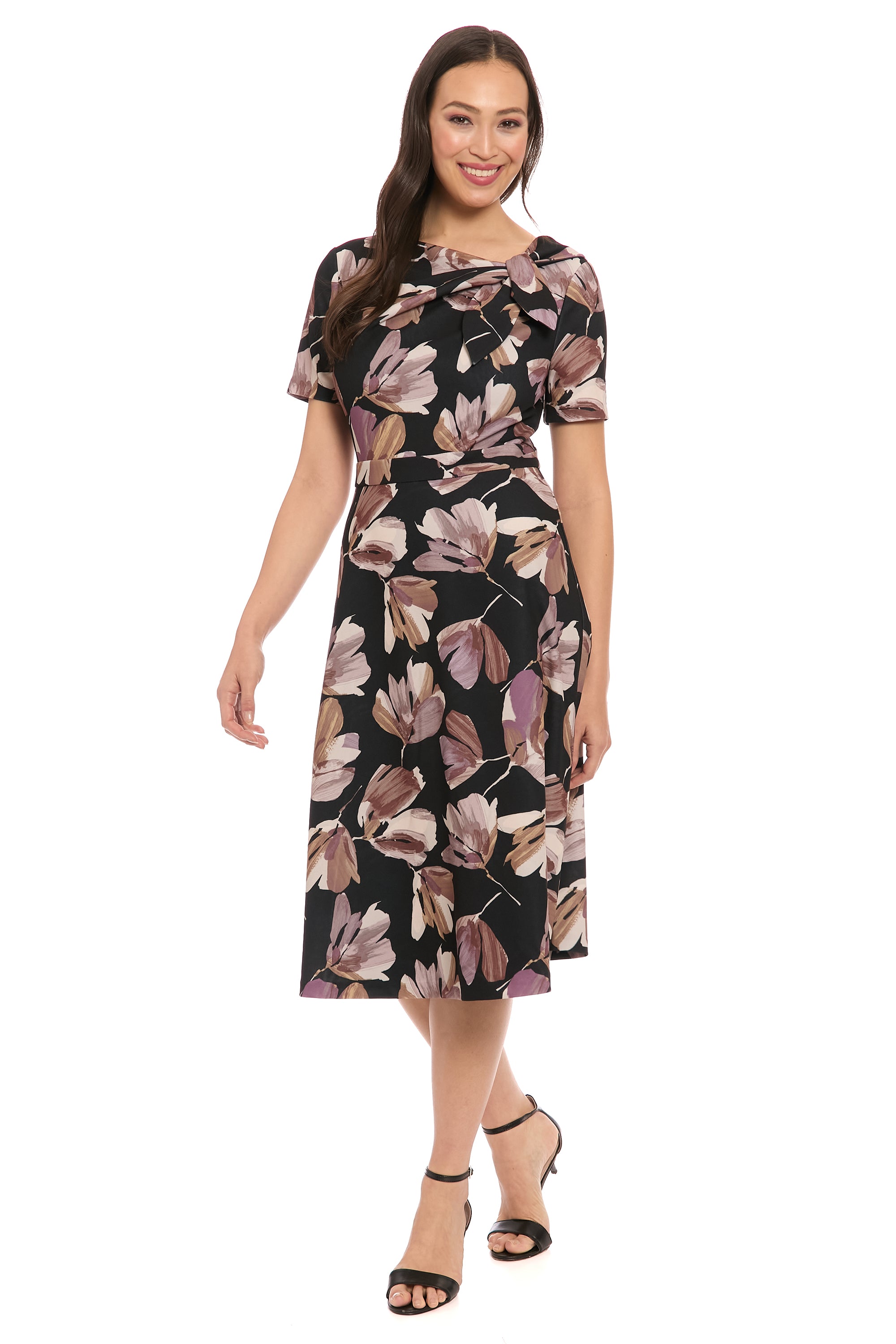 London Times Women's Print Tie Neck Scuba Fit & Flare Dress - Black - Casual Dresses London Times Women's Print Tie Neck Scuba Fit & Flare Dress - Black - Casual Dresses