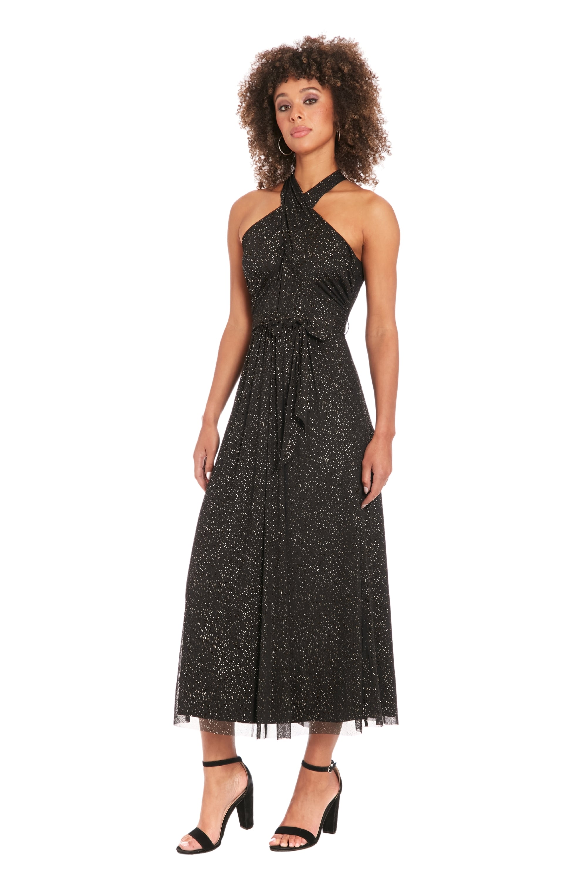 maggy london maxi dress WRAP NECK Halter MAXI DRESS BLACK/GOLD FOIL / Standard / 12
