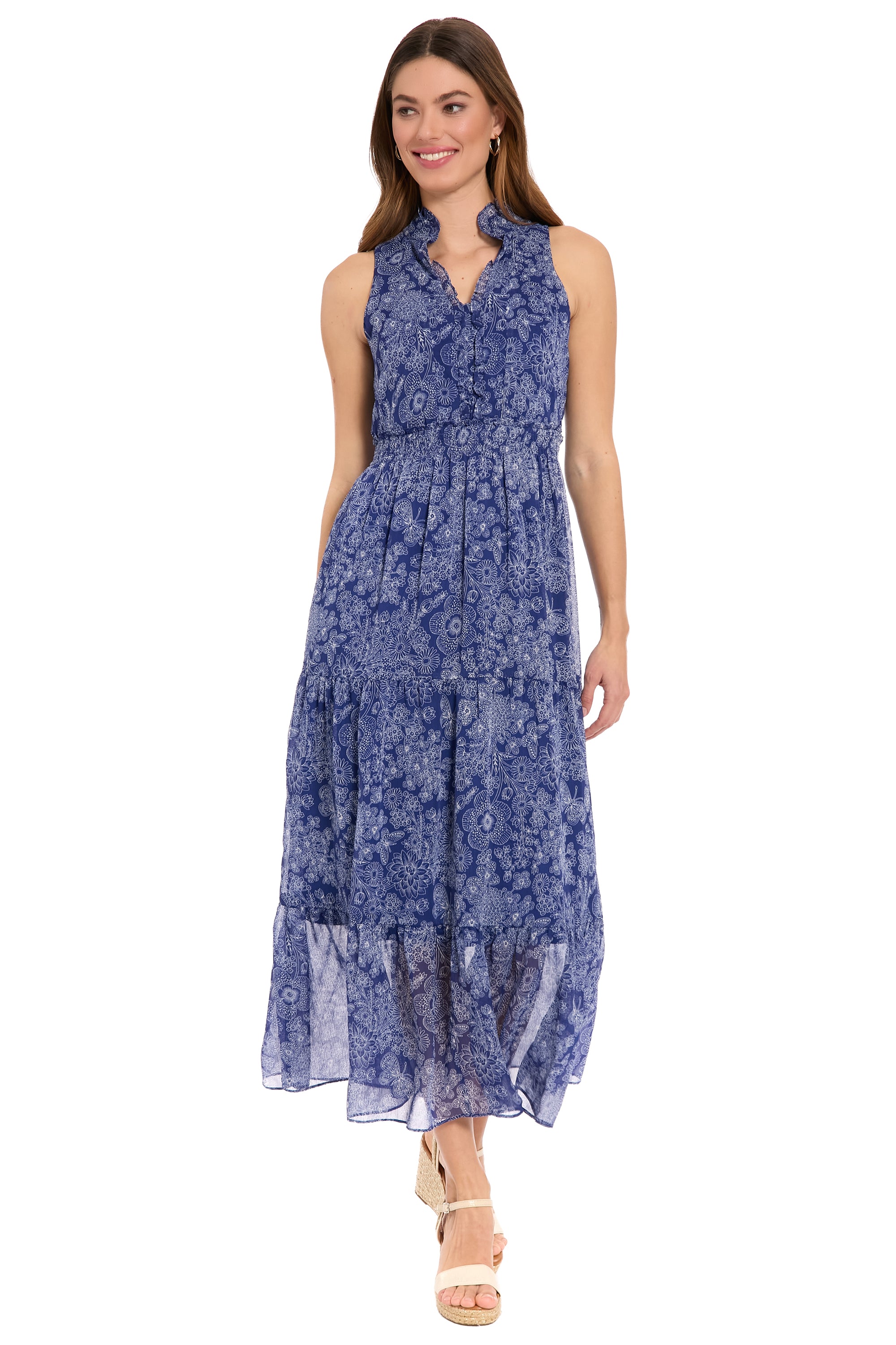 maggy london brooke ruffle neck maxi dress Smocked in Monotone Garden Color:Weekend Beige ideal for weddings. Festive Essentials Bronx Banco Colette Lace
