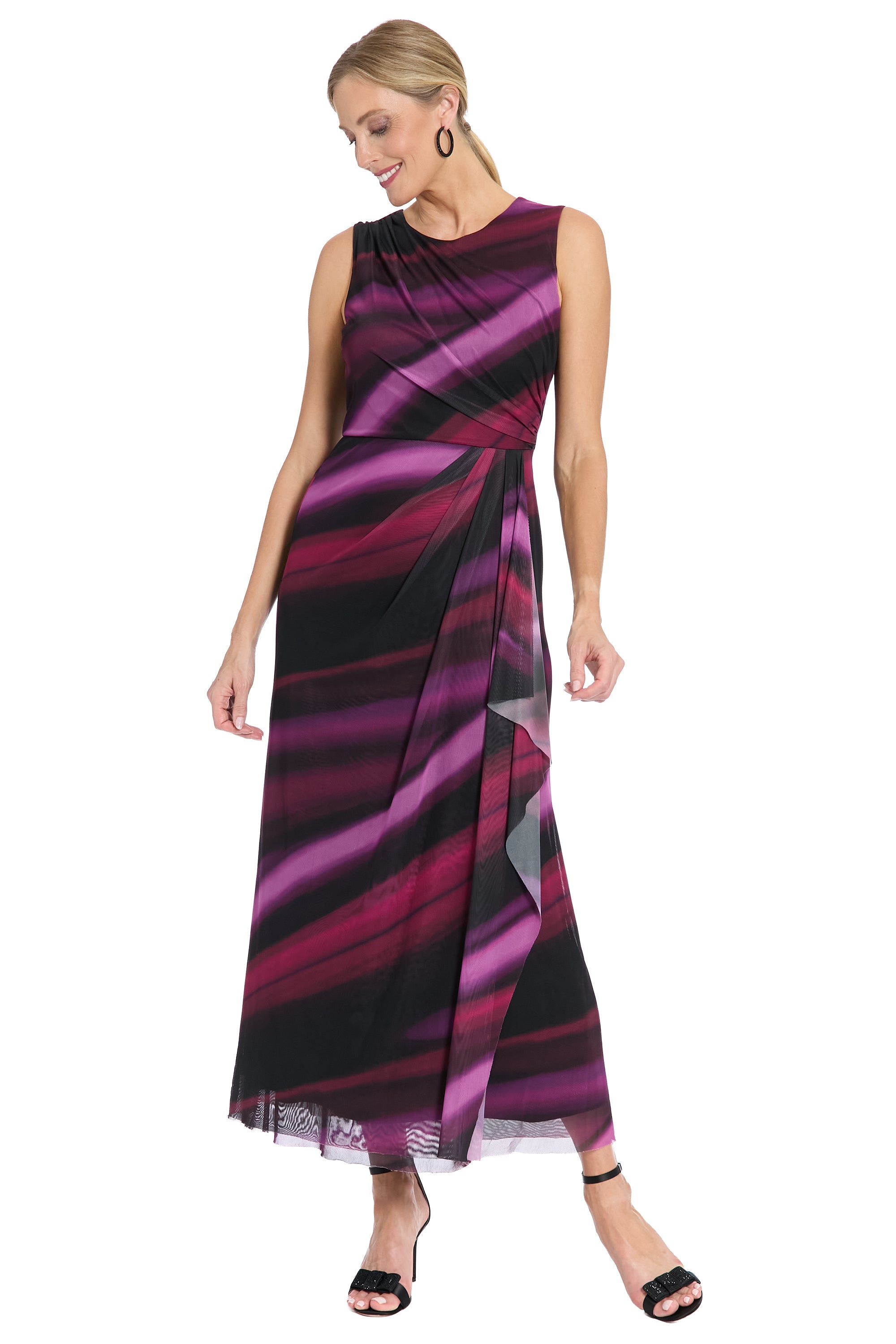 London Times Women's Sleeveless Ruched Mesh Maxi Dress - Purple - Maxi Dresses London Times Women's Sleeveless Ruched Mesh Maxi Dress - Purple - Maxi Dresses