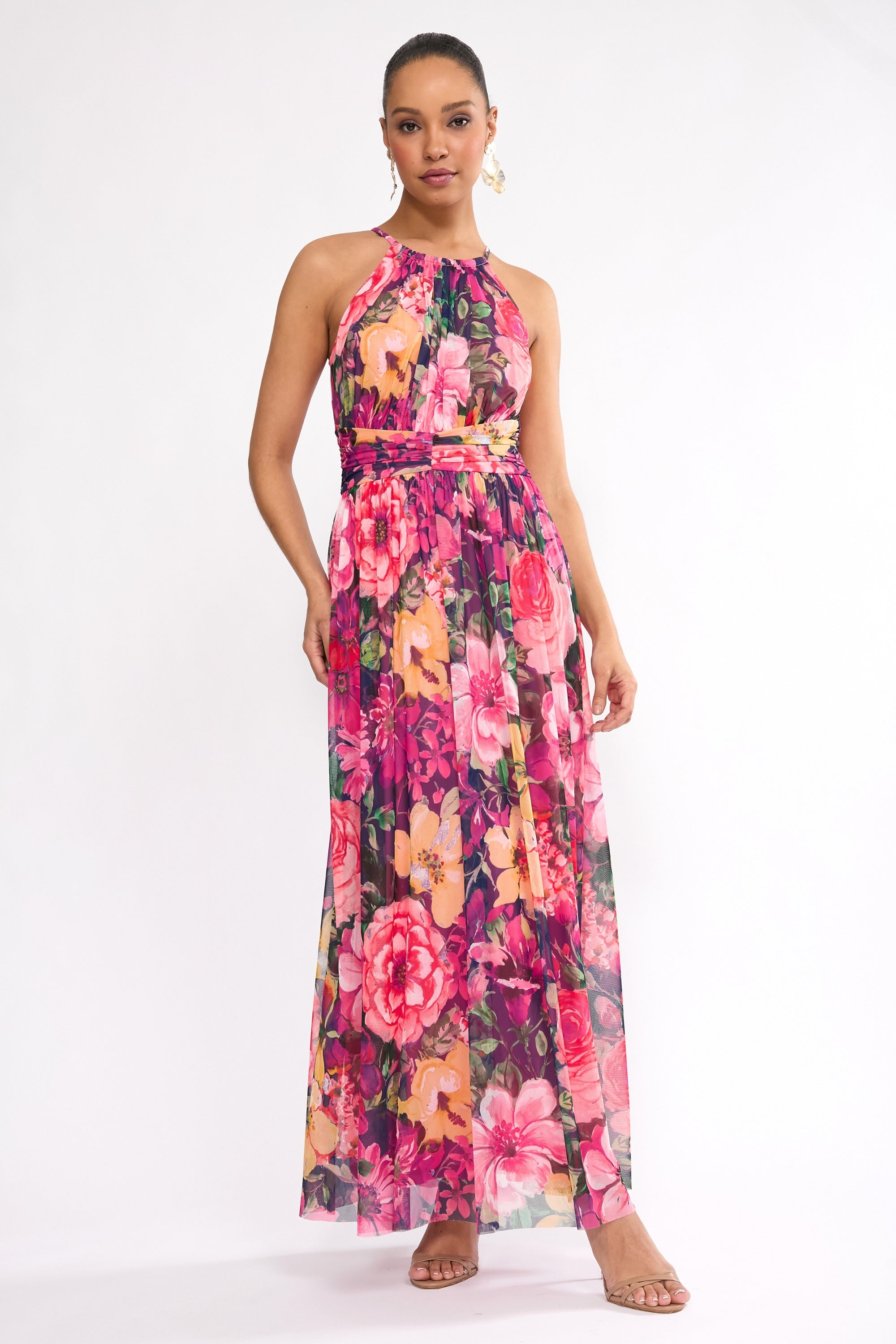 London Times Women's Floral Mesh Maxi Dress - Red