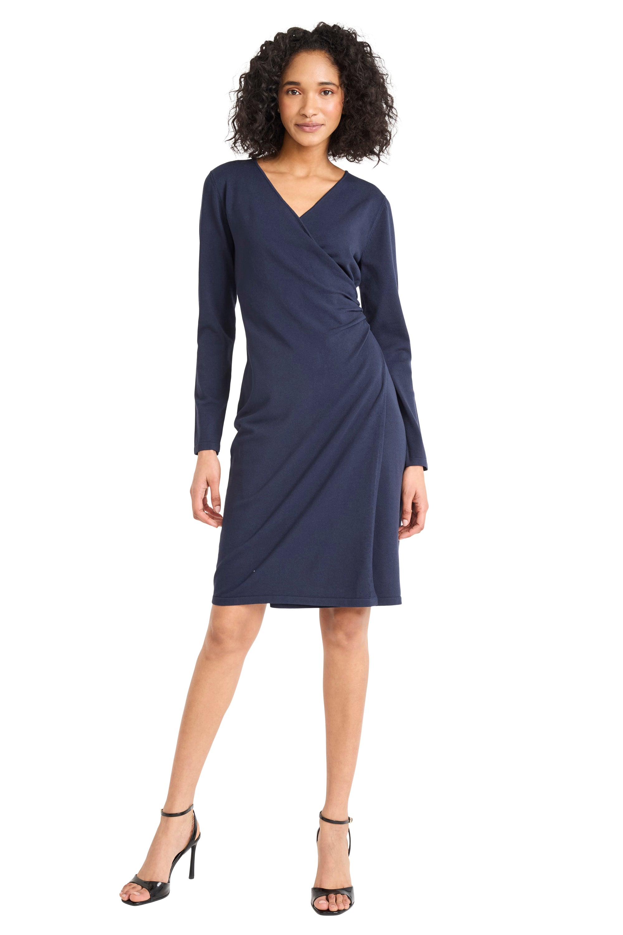 long sleeve v neck sheath dress Zapaka Women Navy Sheath Long Sleeves Bridemaid Dress with Slit Velvet V-Neck Wedding Guest Dress, Navy / US8