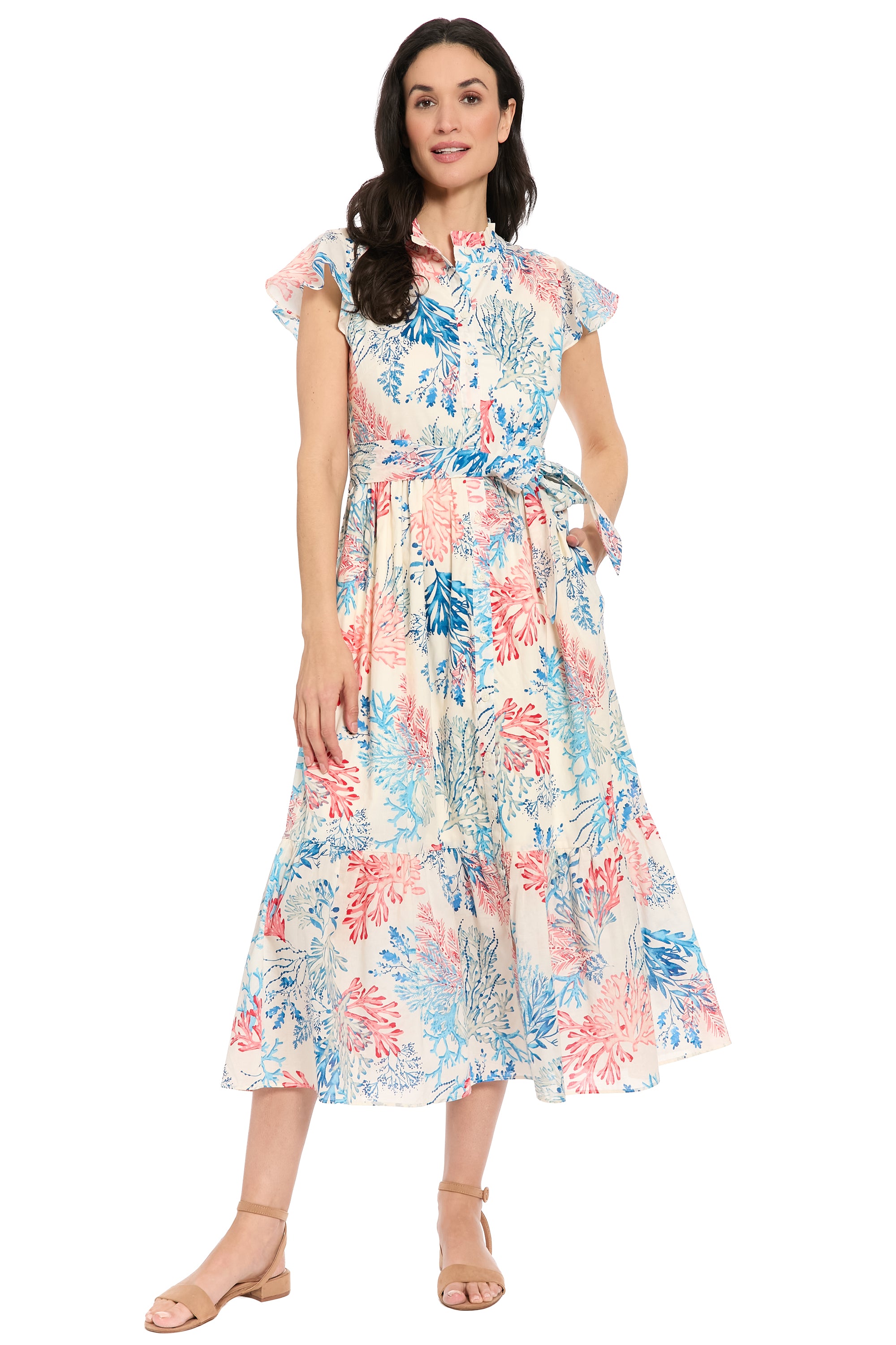 Adelina Flutter Sleeve Belted Tiered Midi Dress | London Times  Maggy  London