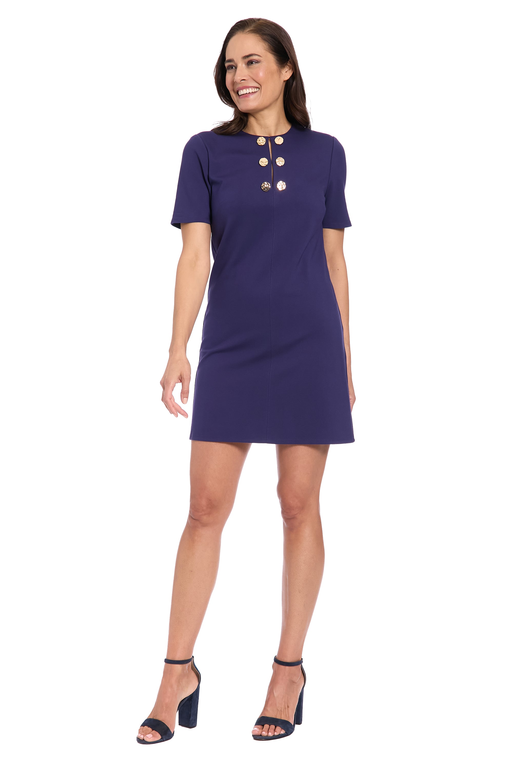 Blare Gold Button Split Neck Mini Dress Shift | London Times Maggy London Blare Gold Button Split Neck Mini Dress Shift | London Times Maggy London