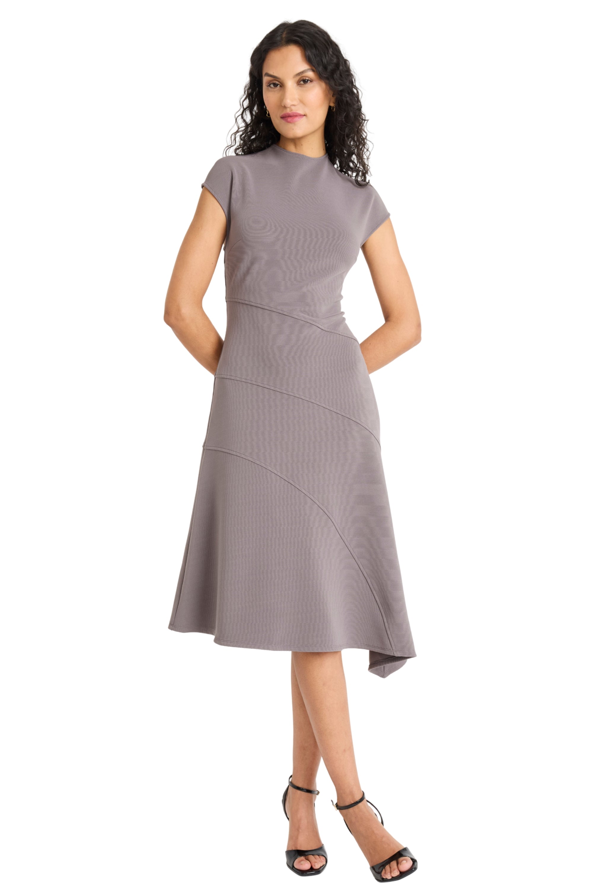 Bronte Asymmetrical Mock Neck Cap Sleeve Midi A-Line | Maggy London