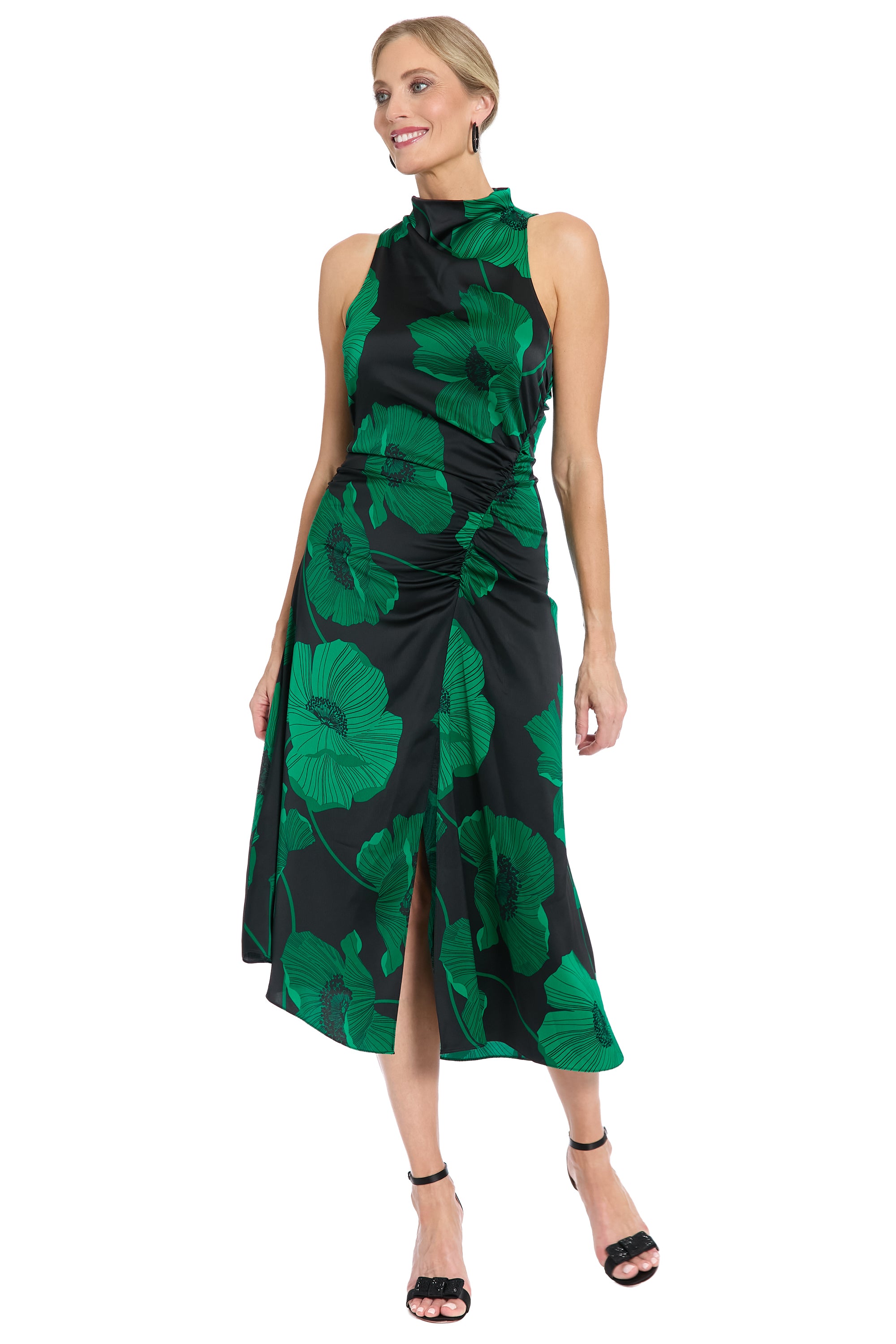 lisbeth midi dress green floral London Times Women's Mock Neck Ruched Asymmetric - Red gathered shoulder ties Loriya Stylish Wide Sleeve Color:C1 HYDRA