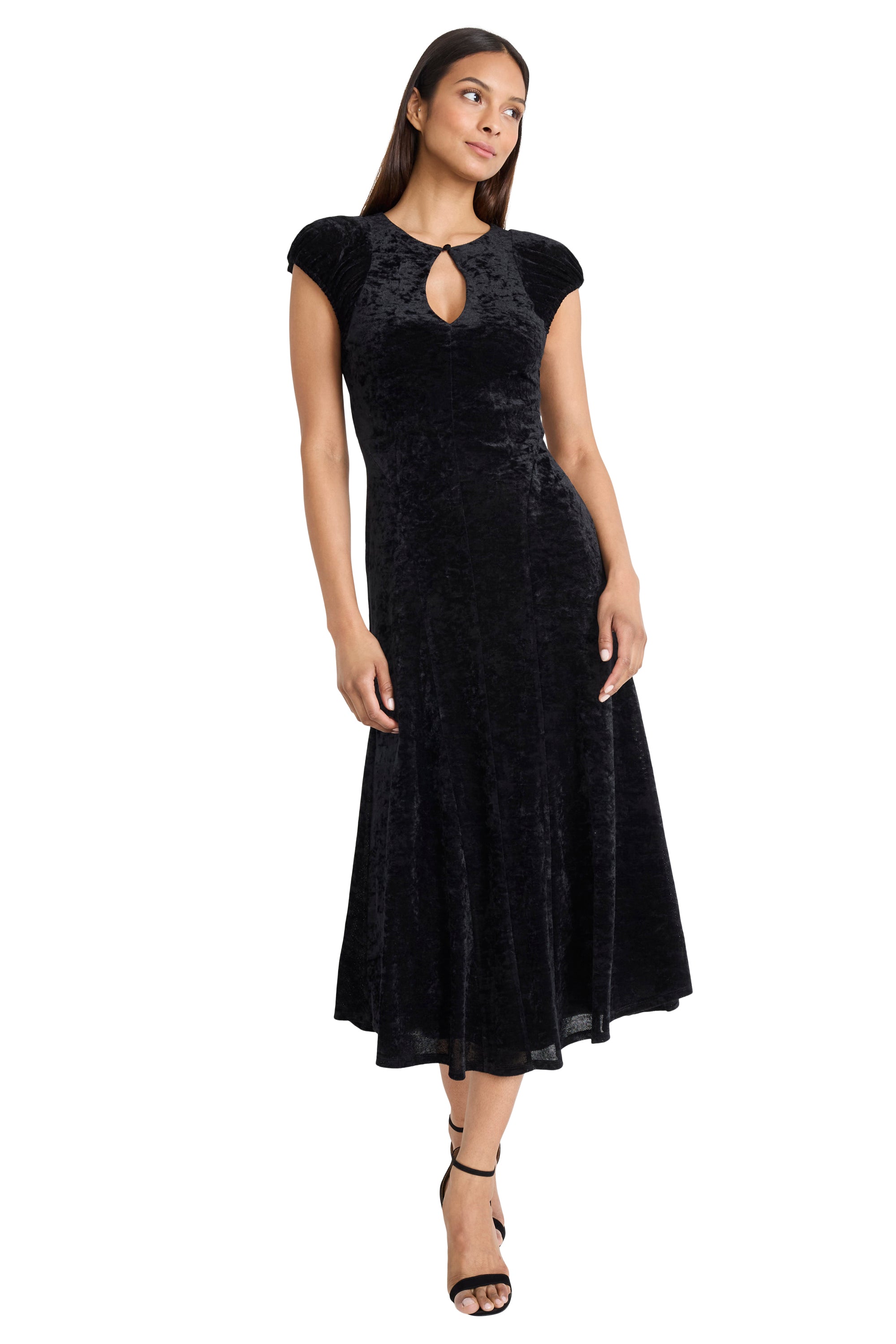 Monika Keyhole Midi in Velvet Mesh A-Line Cap Sleeve | Donna