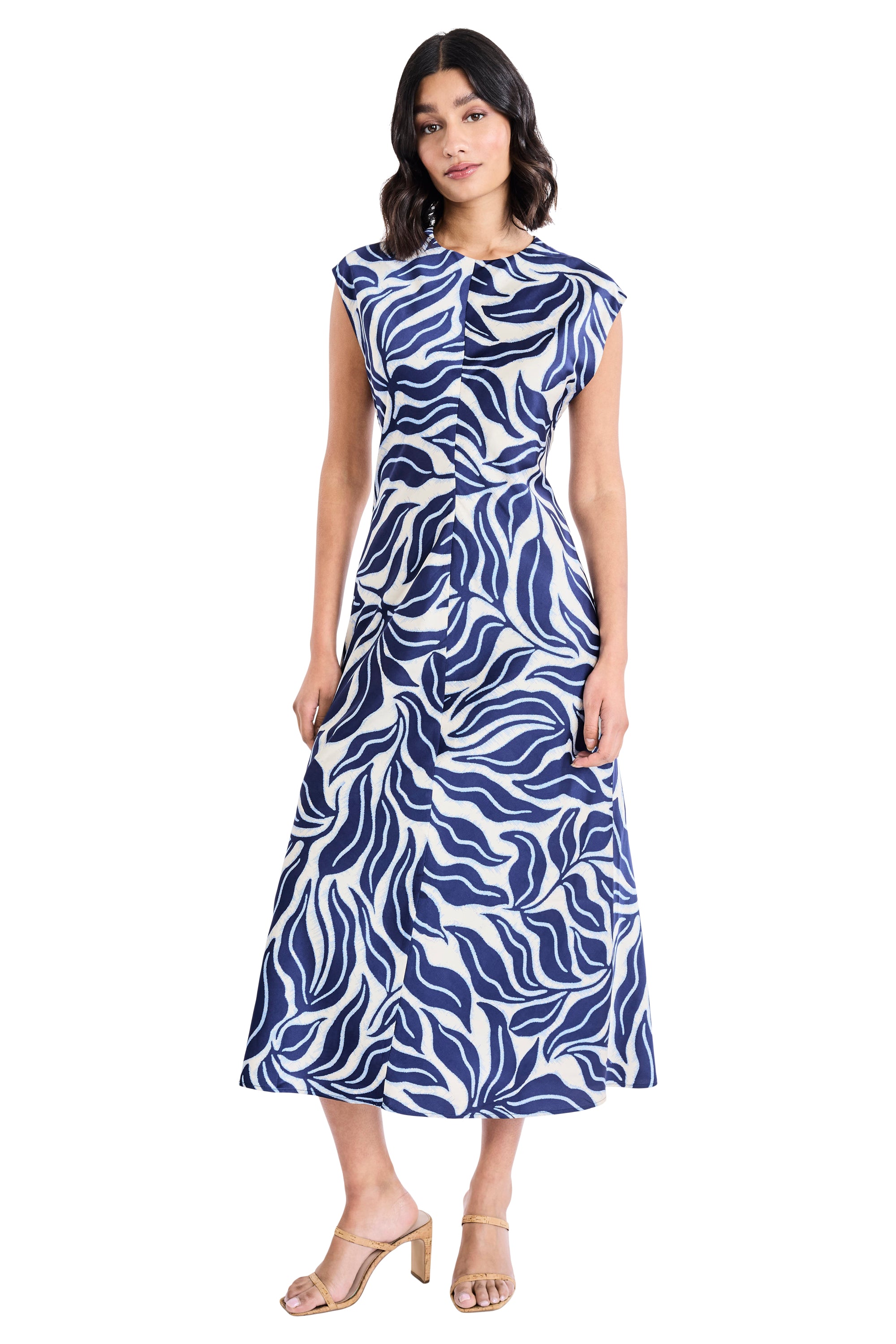 Maggy London Charmeuse Leaf Print Cap Sleeve Midi Dress, Womens, 6, Cream/Navy Maggy London Charmeuse Leaf Print Cap Sleeve Midi Dress, Womens, 6, Cream/Navy