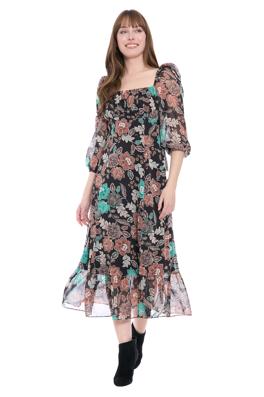 Kristin 3/4 Puff Sleeve Midi in Botanical Chiffon Maggy London Kristin 3/4 Puff Sleeve Midi in Botanical Chiffon Maggy London
