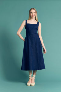 Arielle Cotton Stretch Square Neck Denim Midi