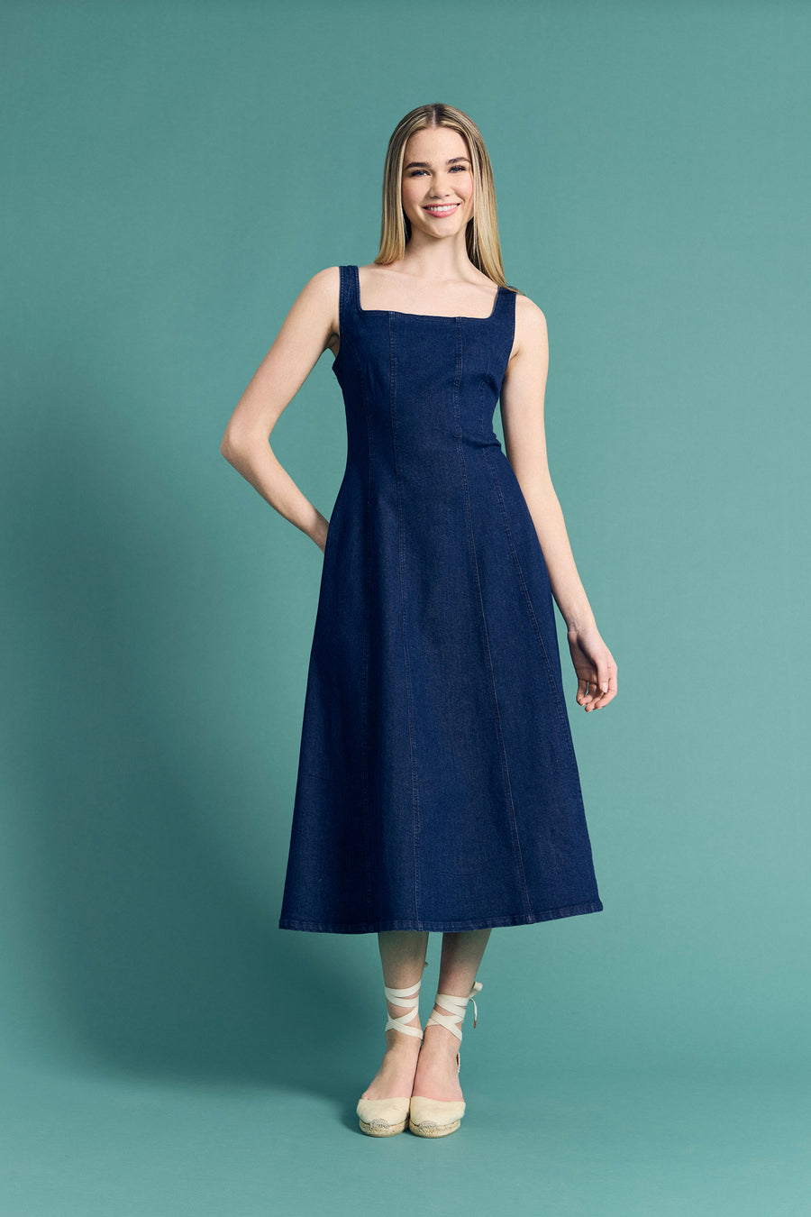 Arielle Cotton Stretch Square Neck Denim Midi