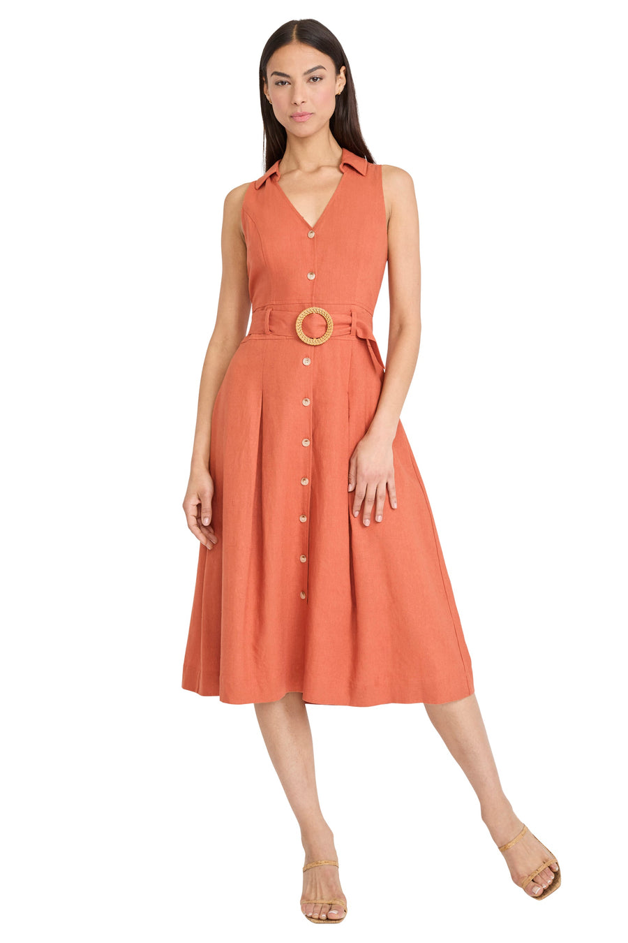 Devin Linen Collared V-Neck Midi A-Line Sleeveless