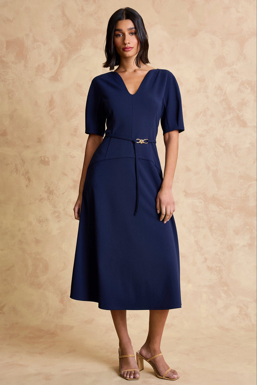 Nathalia Belted V-Neck Midi Dress Fit and Flare