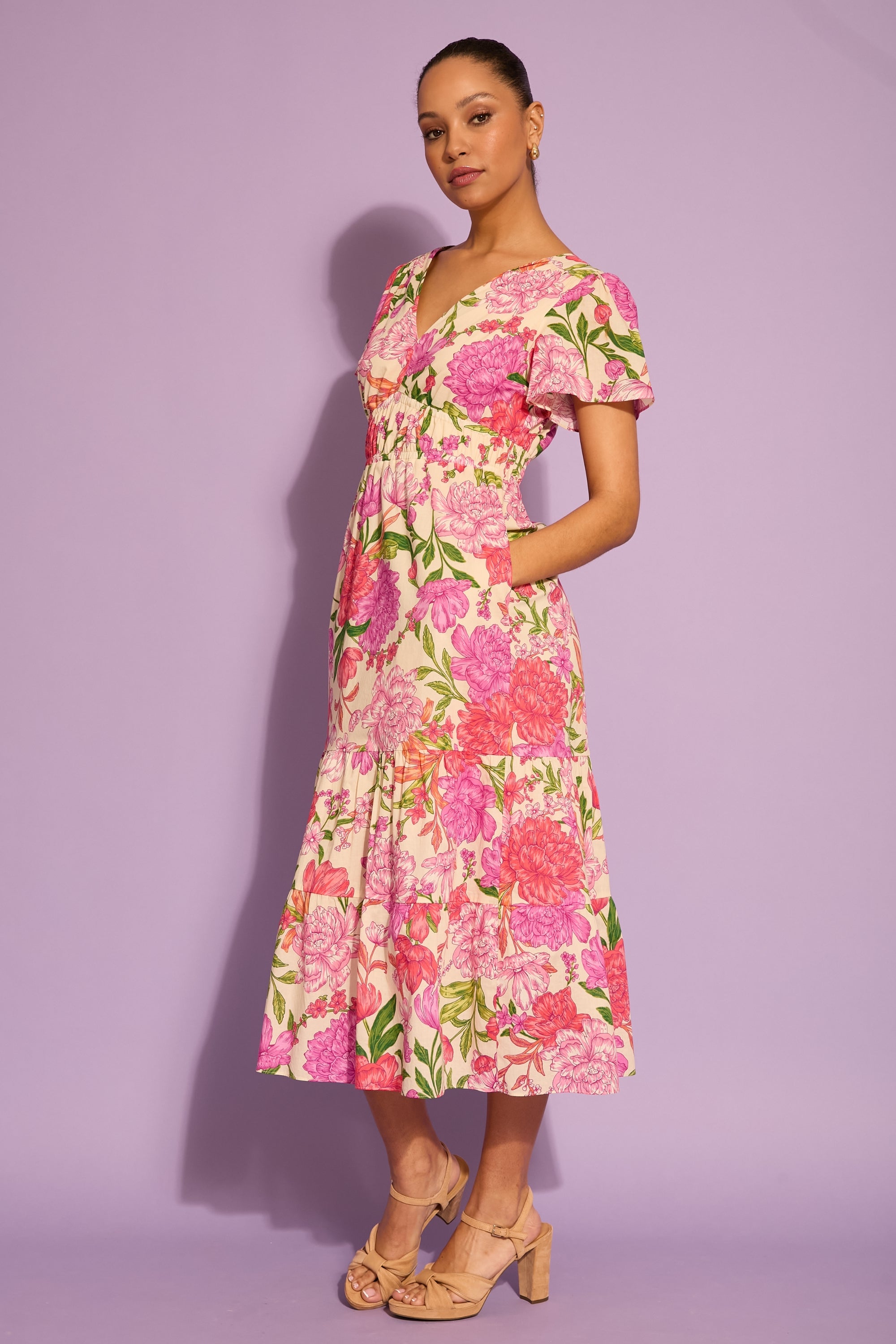 ロージーモンスター　flutter flower couture tops Candiace Cotton Flutter Sleeve Midi Fit and Flare | Maggy London