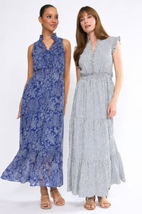 Brooke Ruffle Neck Smocked Maxi in Monotone Garden