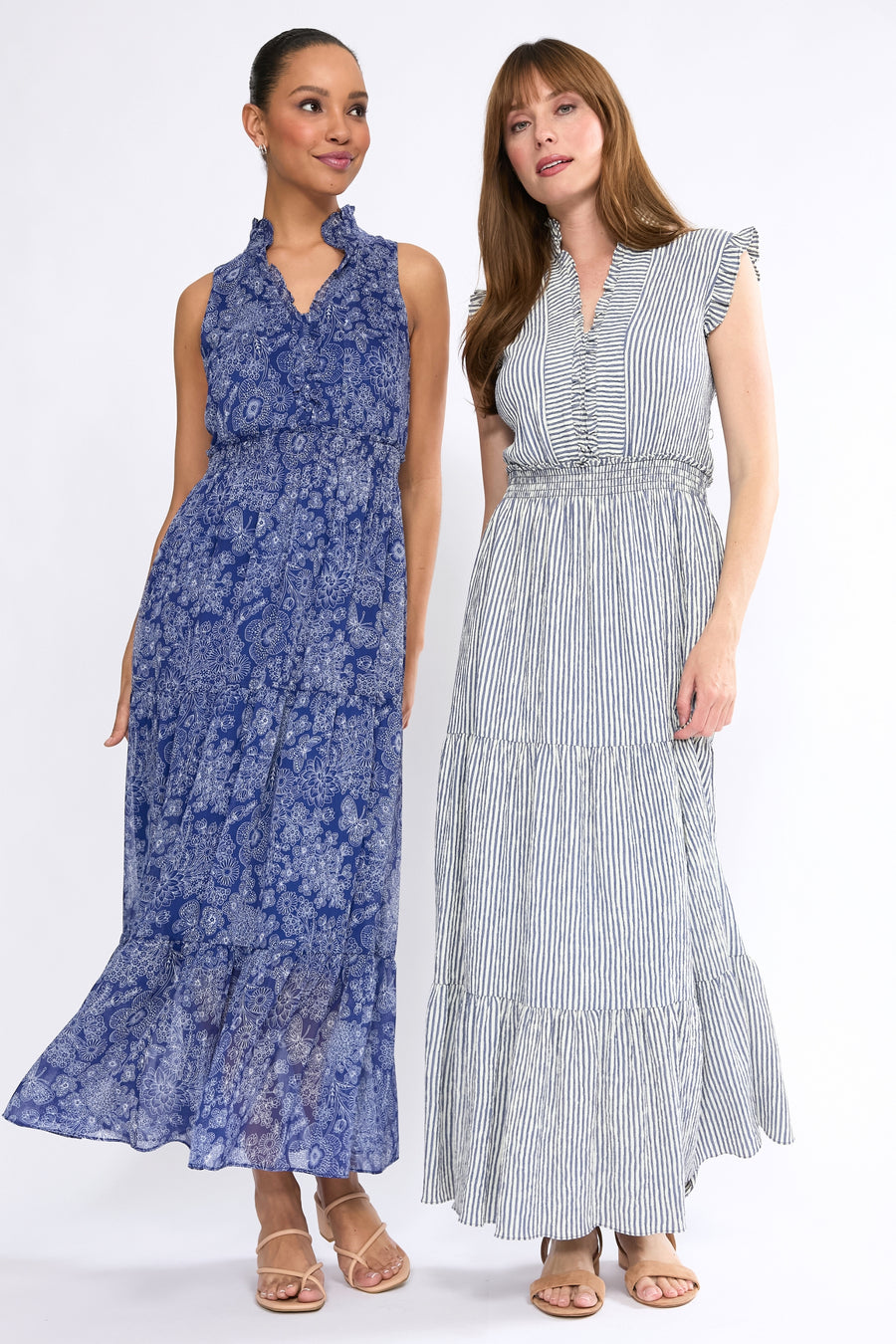 Brooke Ruffle Neck Smocked Maxi in Monotone Garden