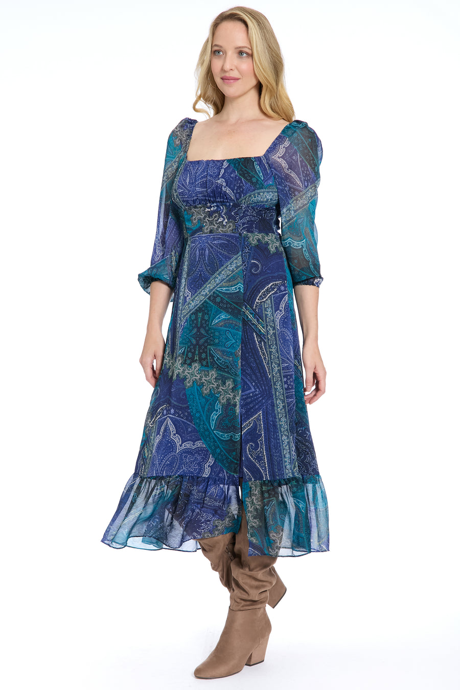 Kristin 3/4 Puff Sleeve Midi in Paisley Chiffon