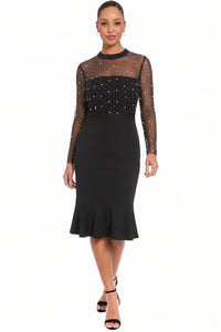 Laurenda Beaded Pearl Illusion Mesh Midi