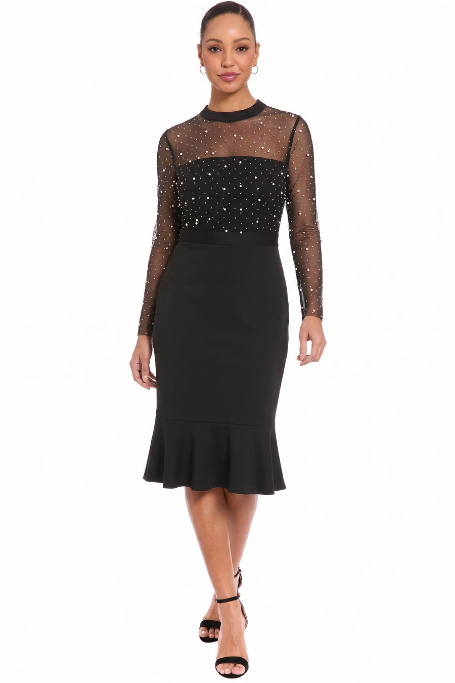 Laurenda Beaded Pearl Illusion Mesh Midi