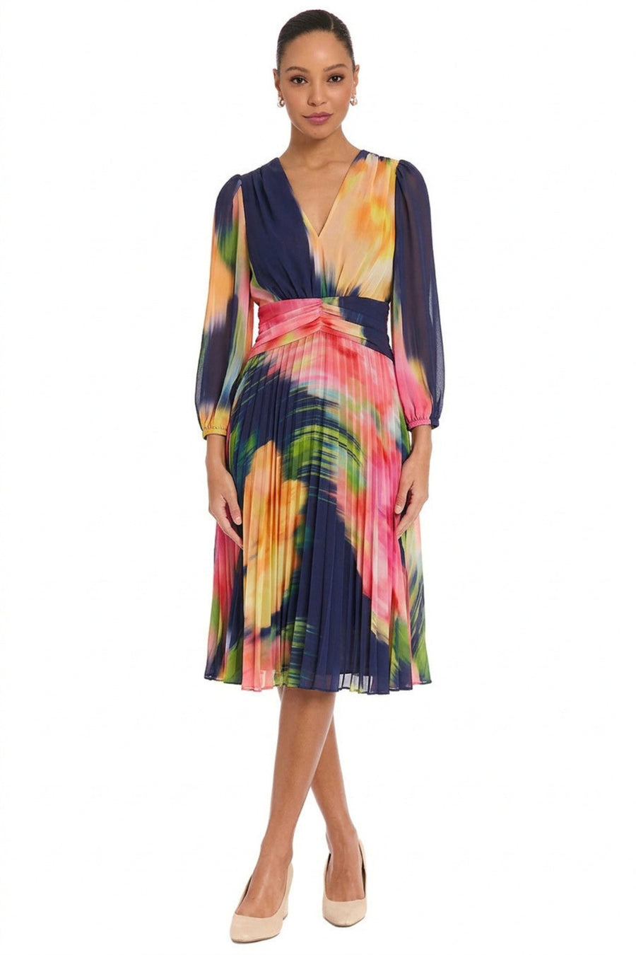 Maggy London Floral Pleated Dress in Bluebell/Yellow at Nordstrom, Size 10 Maggy London Floral Pleated Dress in Bluebell/Yellow at Nordstrom, Size 10