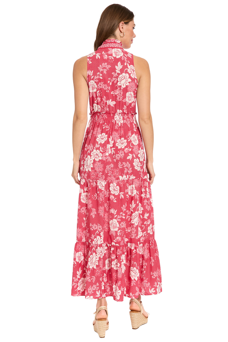 Brooke Ruffle Neck Smocked Maxi in Grid Floral A-Line | London Times Maggy London Brooke Ruffle Neck Smocked Maxi in Grid Floral A-Line | London Times Maggy London