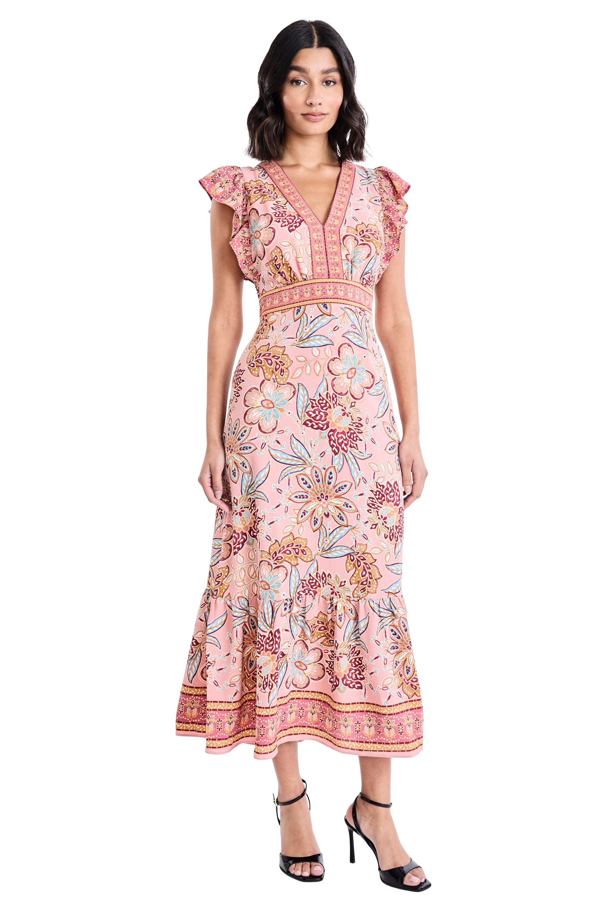Ezra Floral Print Midi Ruffle Sleeves Dress | Donna Morgan – Maggy