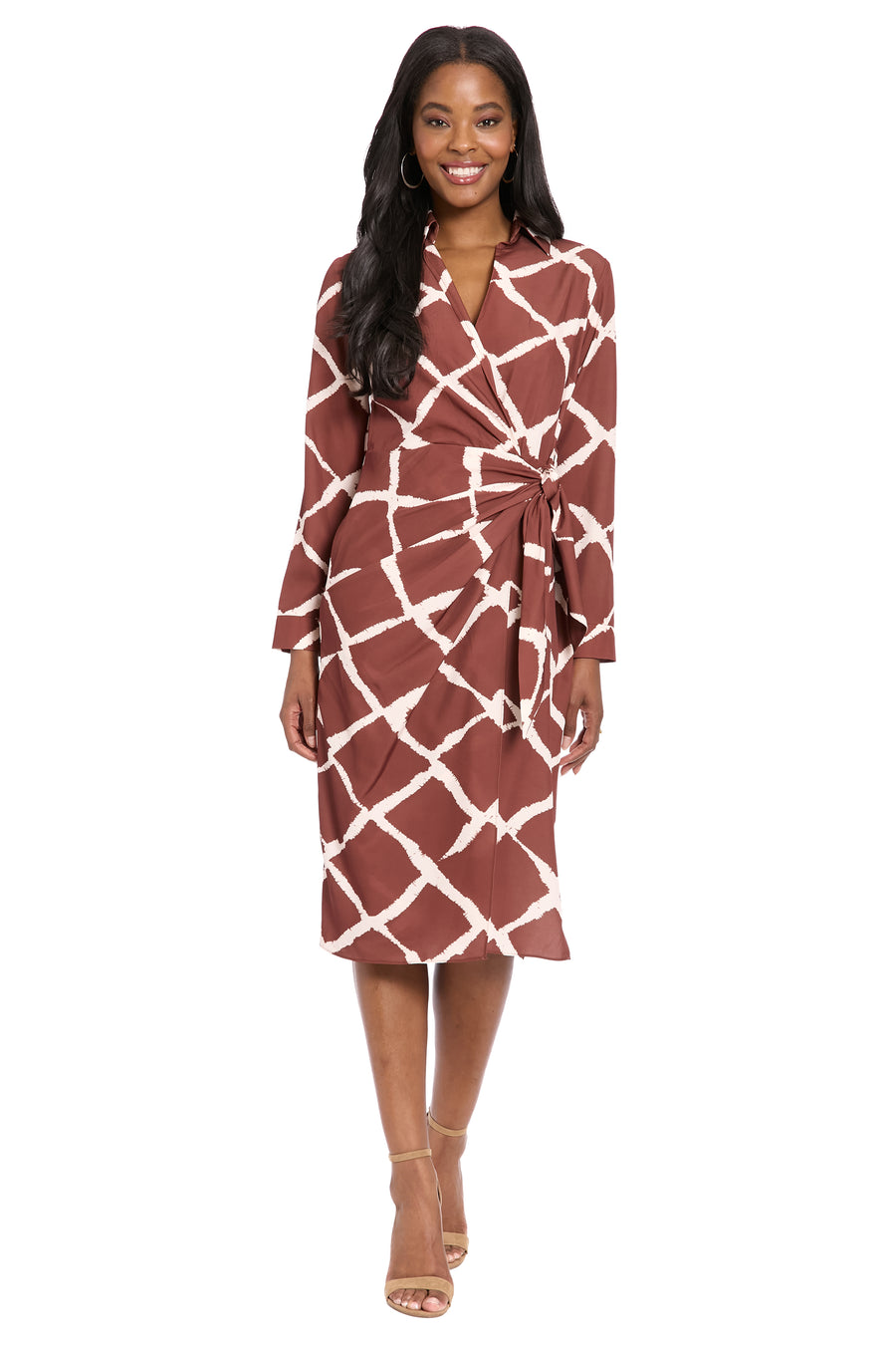 Rhea Collared Side Tie Midi in Bias Plaid