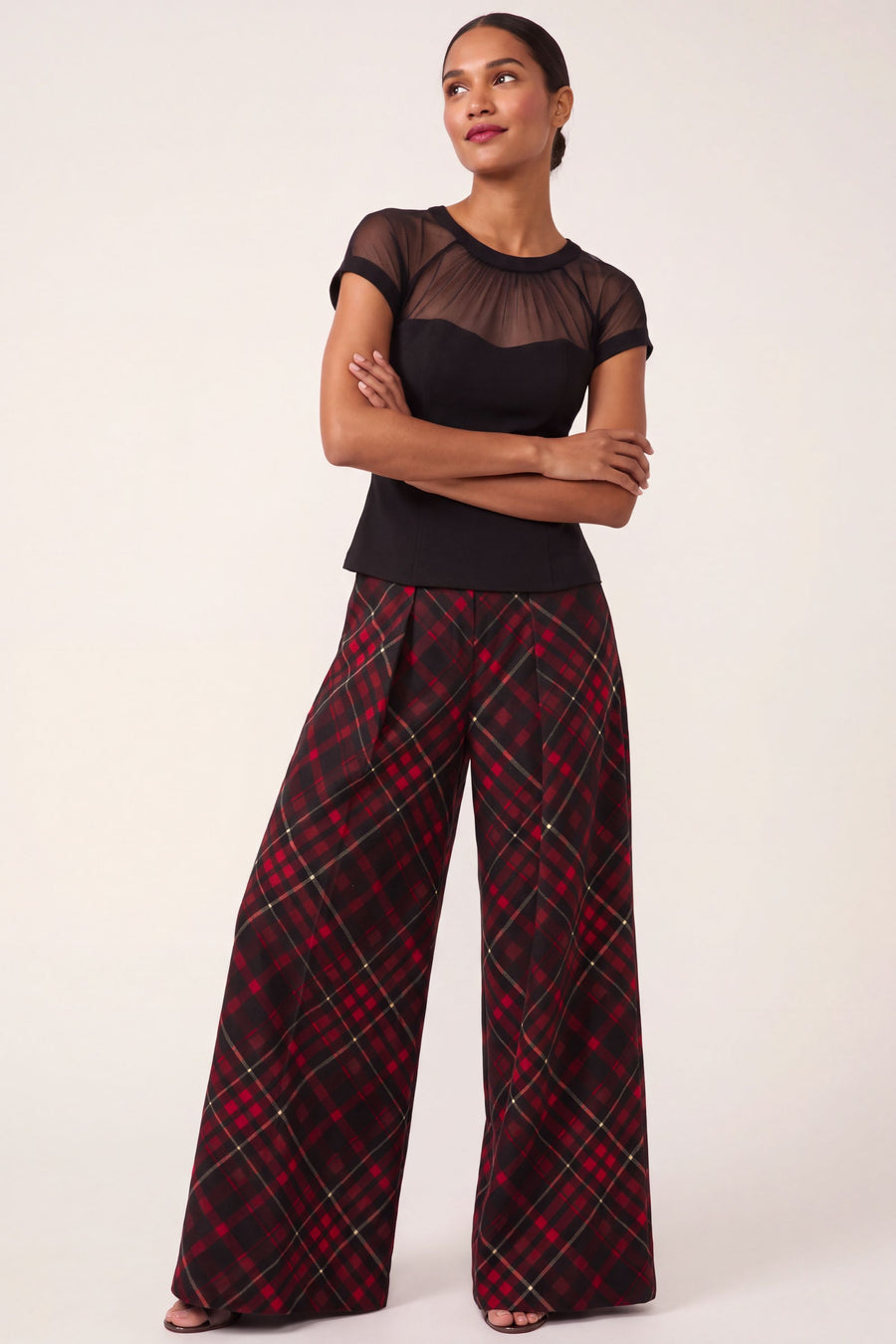 Astor Pleated Wide Leg Pant in Royal Tartan