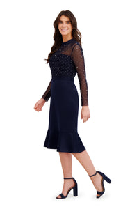 Laurenda Beaded Pearl Illusion Mesh Dress