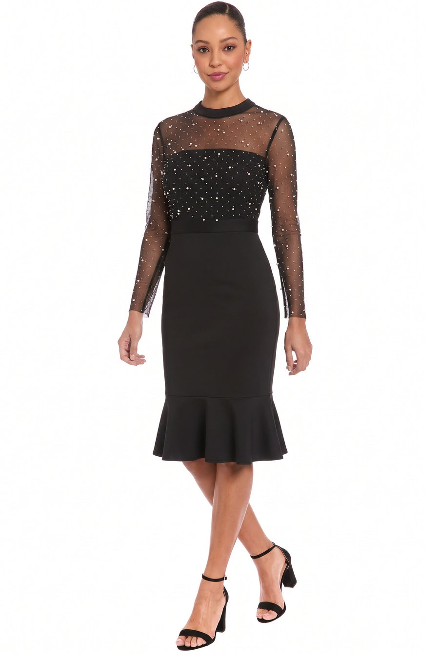 Laurenda Beaded Pearl Illusion Mesh Midi