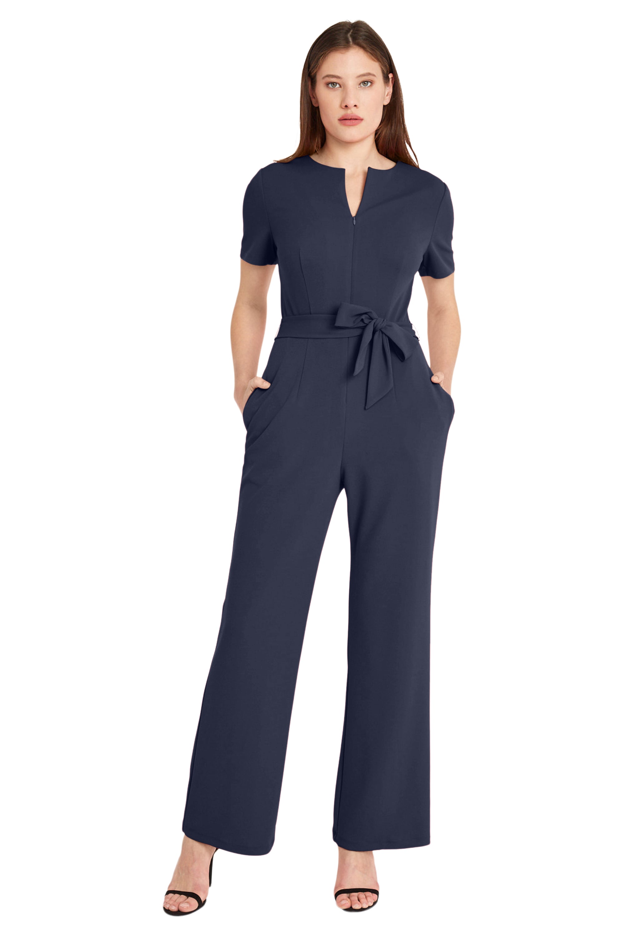 SHORT SLEEVE JUMPSUIT W/ ROUND NECK & CF V – Maggy London
