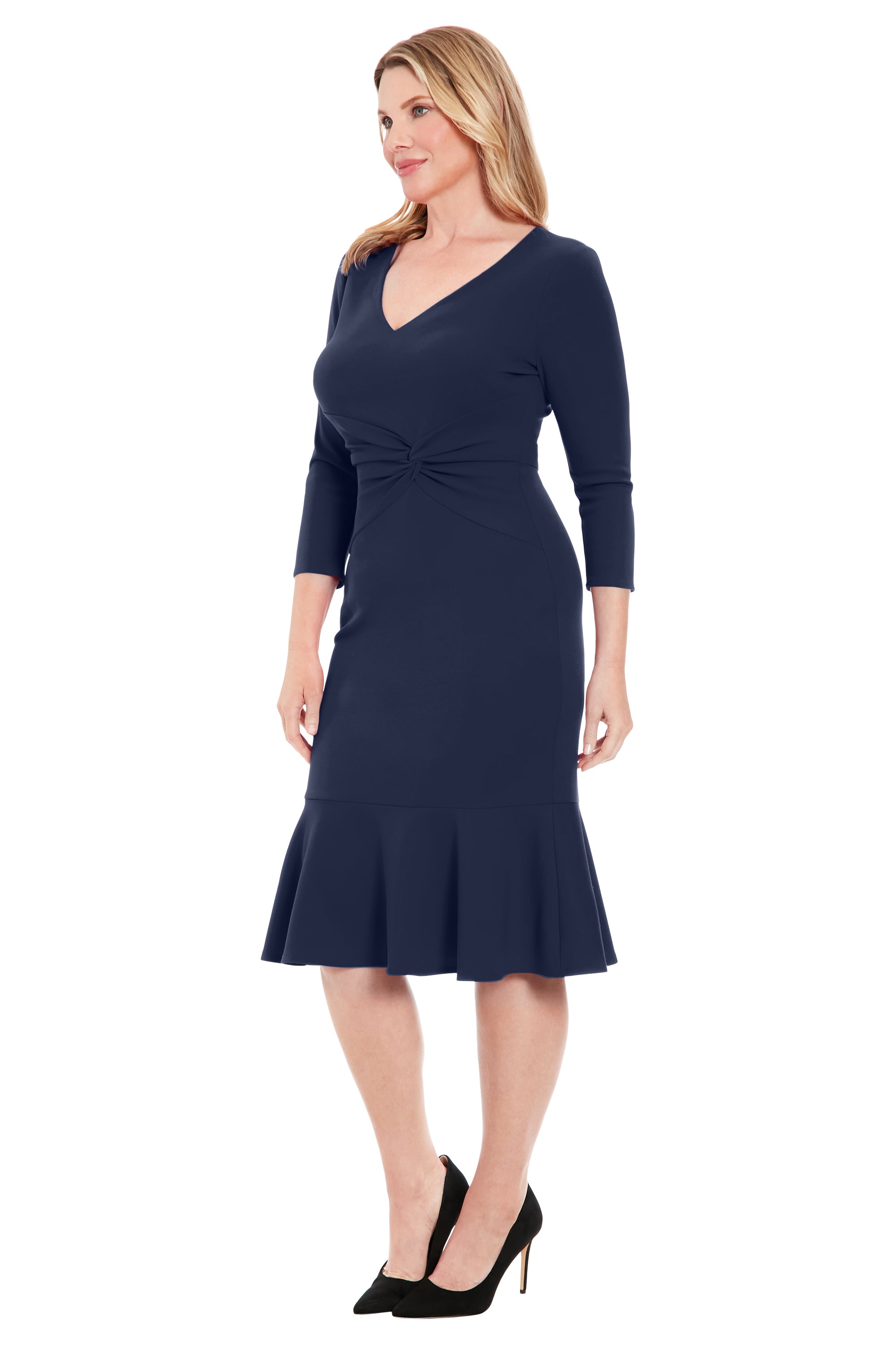 V-Neck Side Twist Midi Flounce with 3-4 Slv – Maggy London
