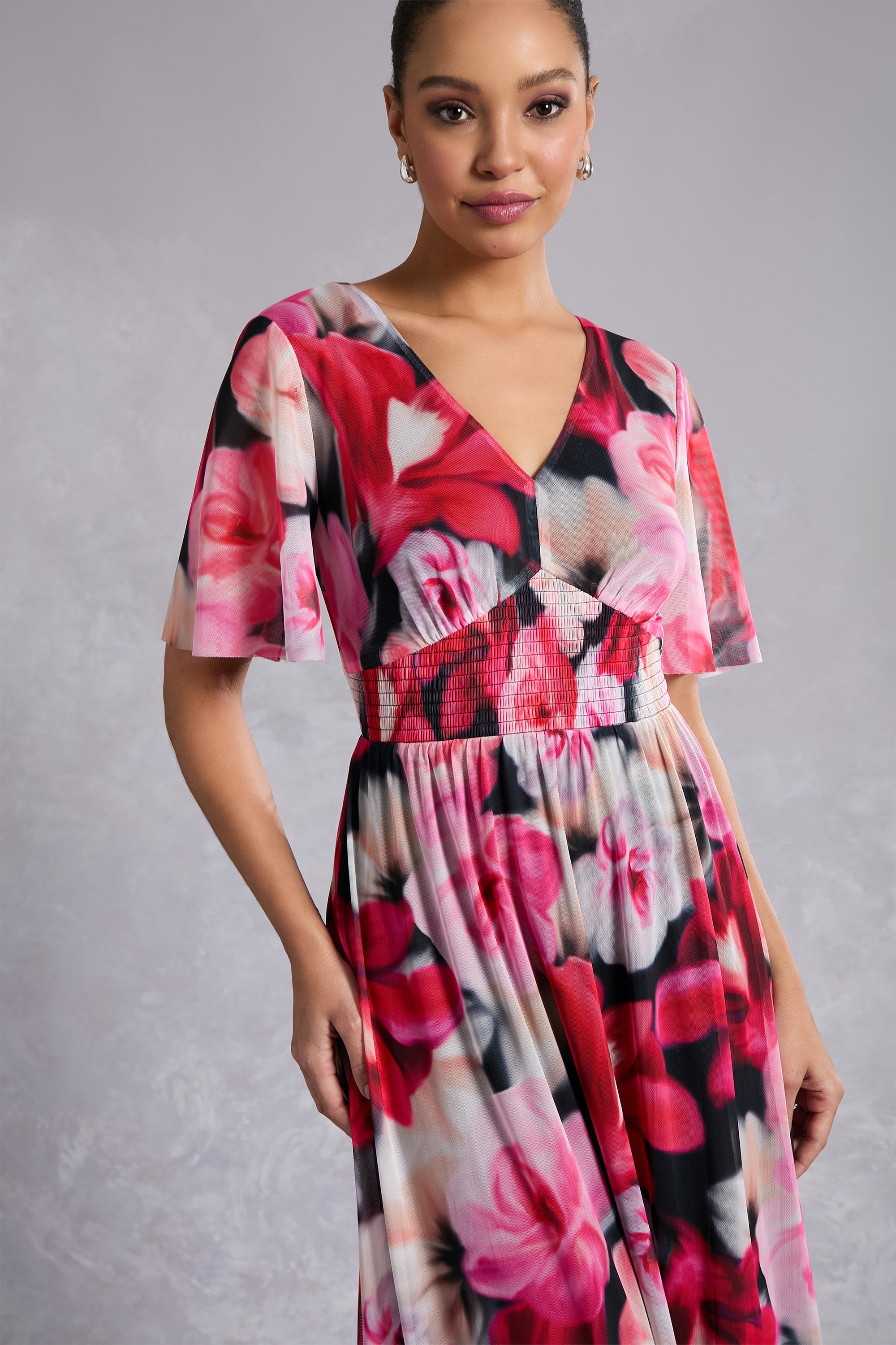 Leila Smocked Waist Mesh Maxi in Rose Toss | London Times – Maggy