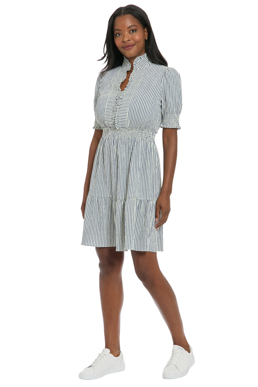 London Times Women's Stripe Ruffle Neck Puff Shoulder A-Line Minidress - Blue - Mini dresses London Times Women's Stripe Ruffle Neck Puff Shoulder A-Line Minidress - Blue - Mini dresses