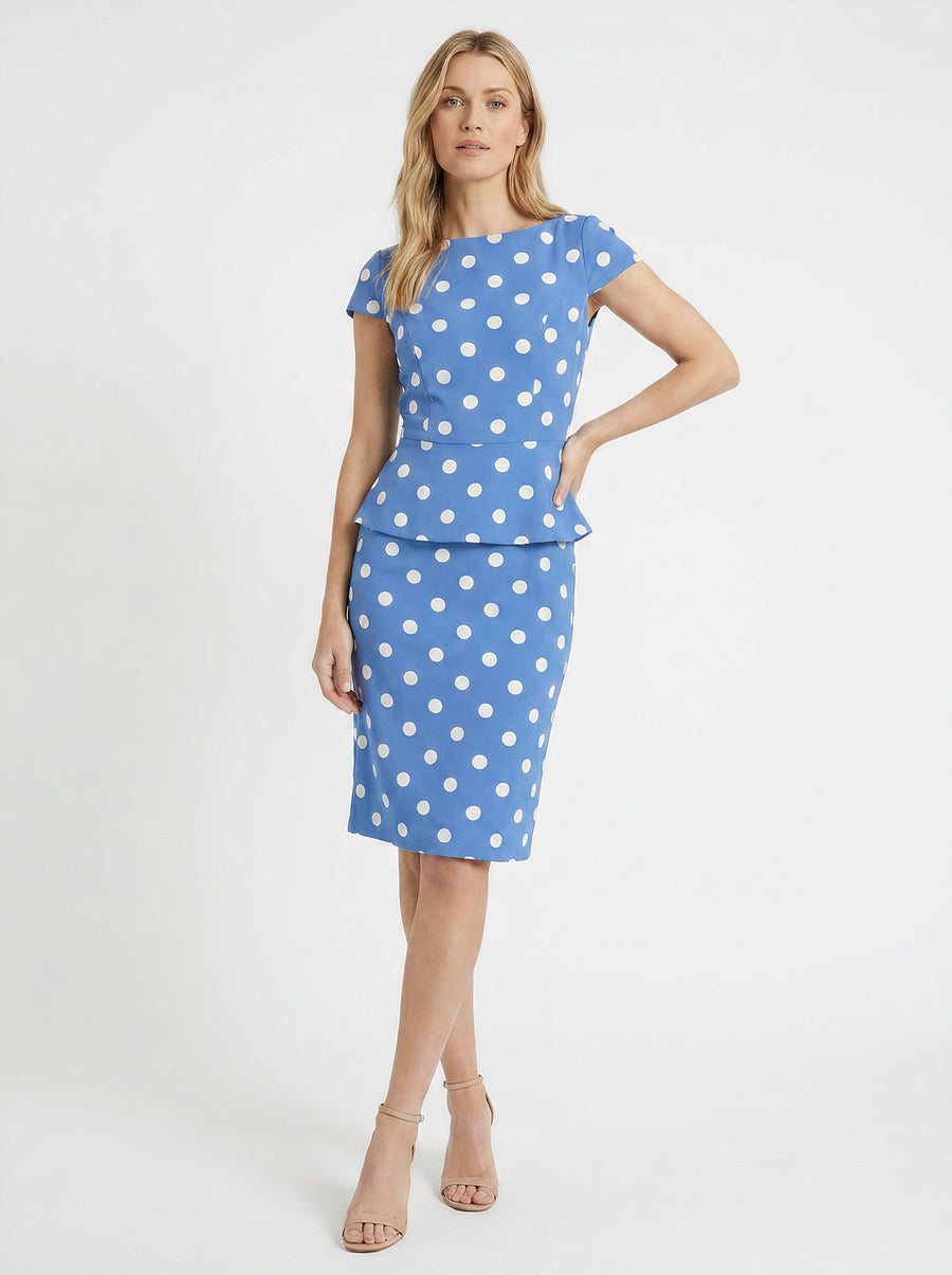 Nadya Cap Sleeve Peplum Sheath in Quarter Dots