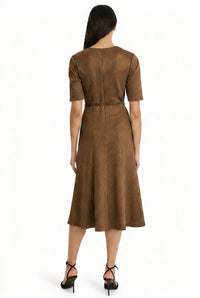 Elea Elbow Sleeve Midi Dress with Belt in Suede