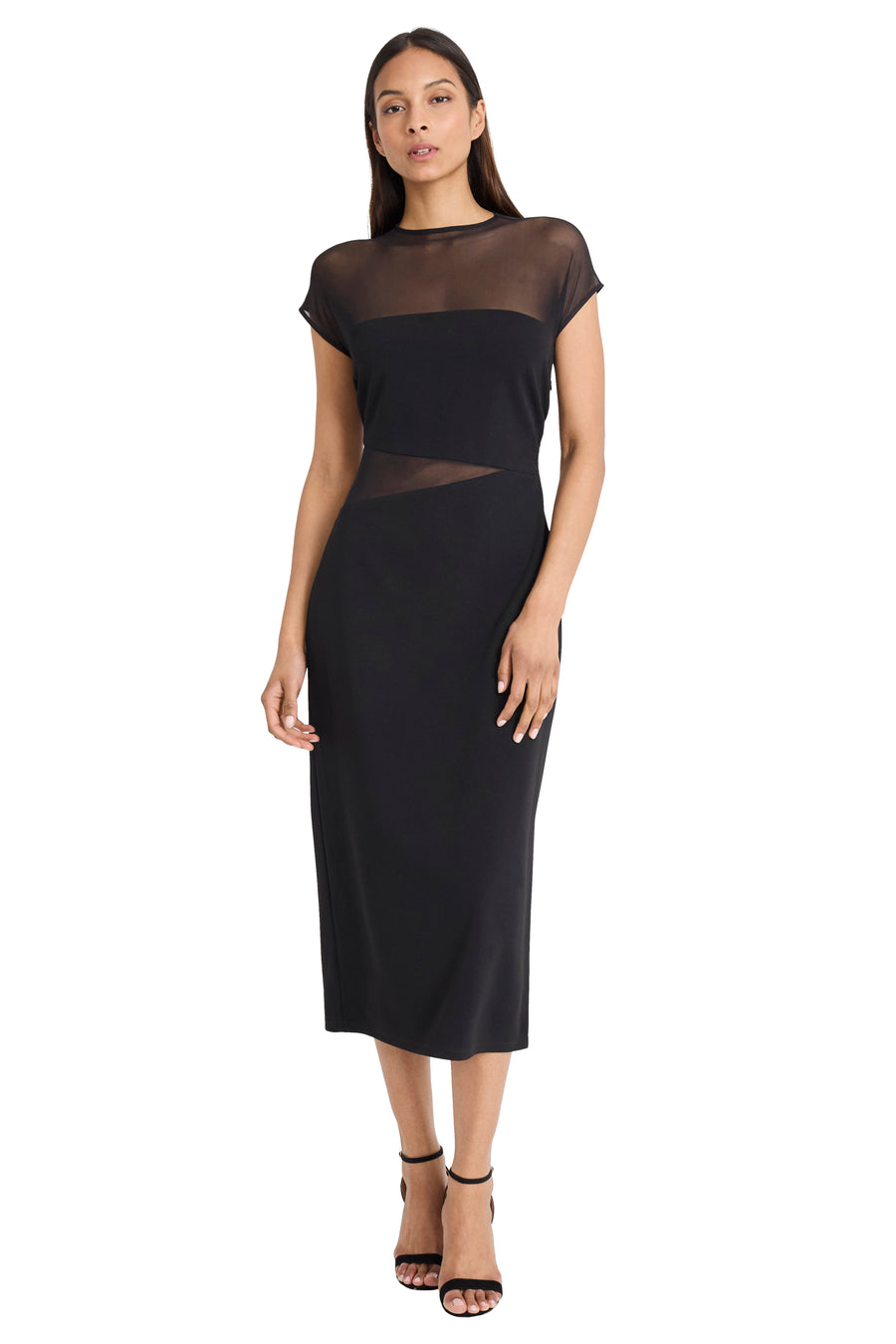 Oaklynn Midi Sheath Illusion Dress Short Sleeve | Donna Morgan Maggy London Oaklynn Midi Sheath Illusion Dress Short Sleeve | Donna Morgan Maggy London