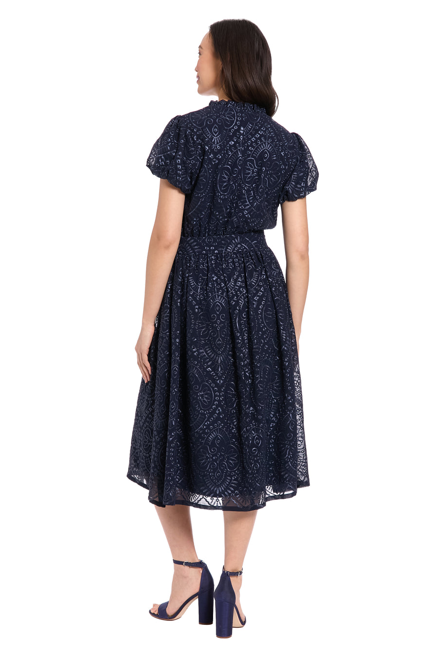 London Times Ruffle Neck Bubble Sleeve Eyelet Midi Dress in English Manor Blue - Medium London Times Ruffle Neck Bubble Sleeve Eyelet Midi Dress in English Manor Blue - Medium