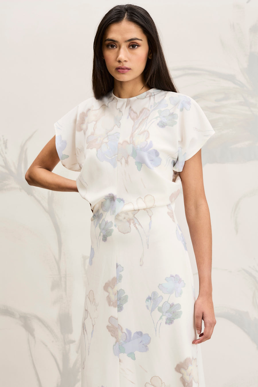 Theo Cap Sleeve Mock Neck Midi in Ghost Floral Maggy London Theo Cap Sleeve Mock Neck Midi in Ghost Floral Maggy London