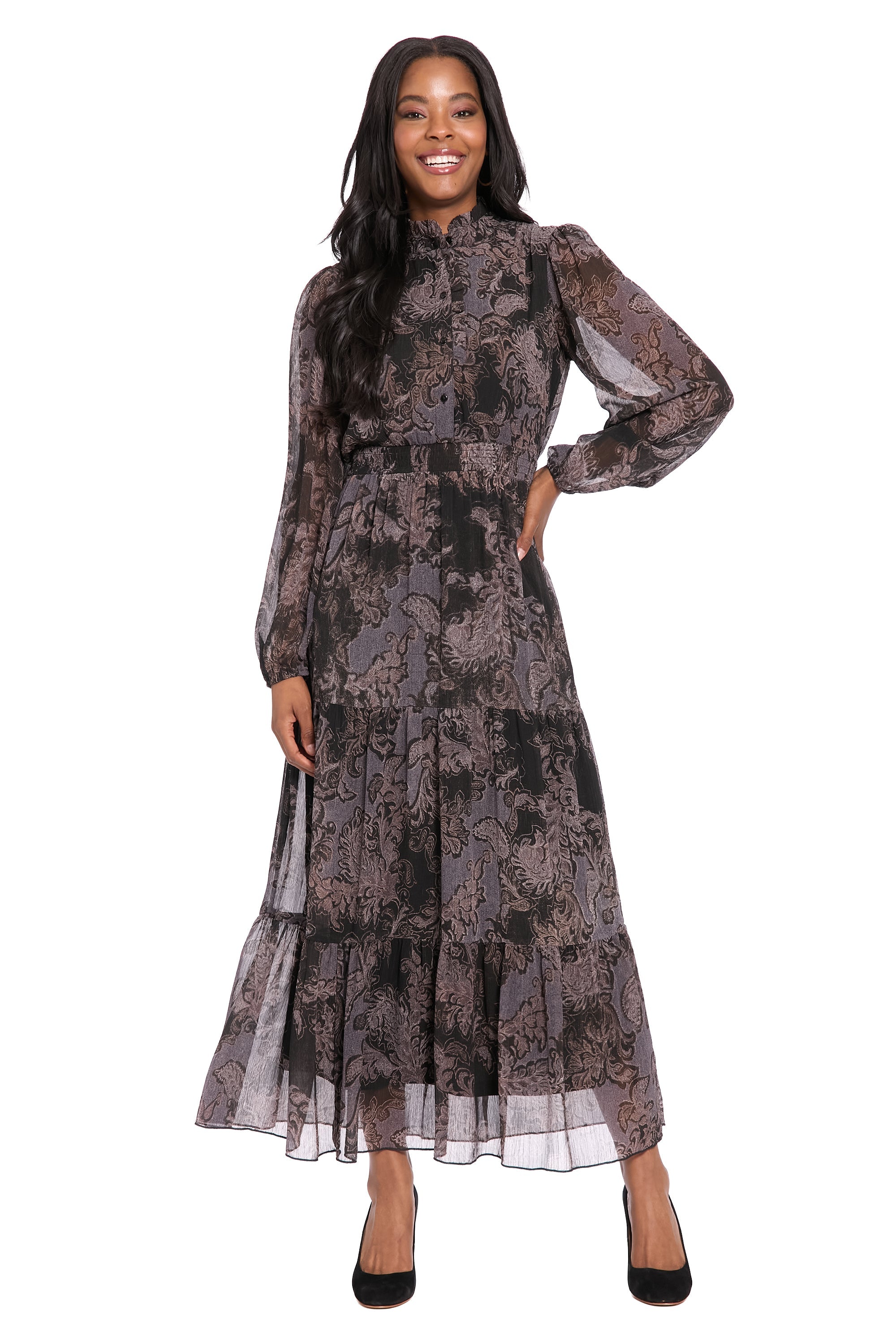 swept away forest green long sleeve maxi dress London Times Long Sleeve Printed Ruffle Maxi Dr ess, Size XL, Black Grey