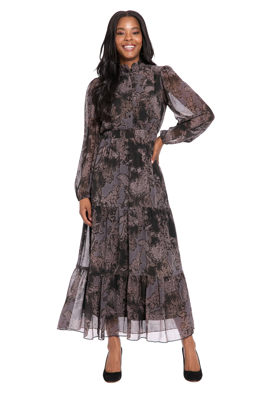 London Times Long Sleeve Printed Ruffle Maxi Dr ess, Size XL, Black Grey London Times Long Sleeve Printed Ruffle Maxi Dr ess, Size XL, Black Grey