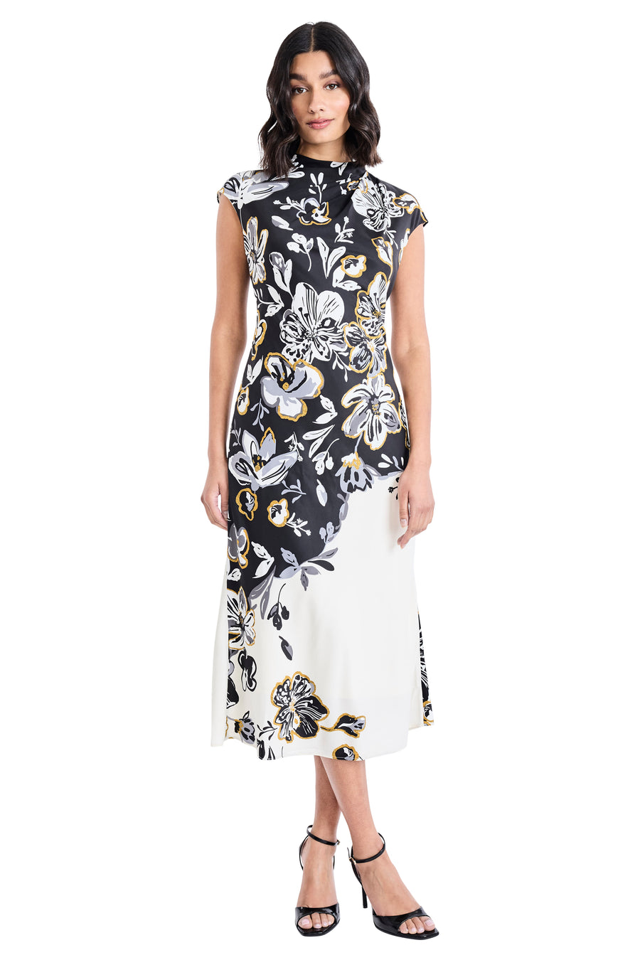 Maggy London Floral Printed Poly Twill High Neck Cap Sleeve Midi Dress, Womens, 8, Cream/Grey Maggy London Floral Printed Poly Twill High Neck Cap Sleeve Midi Dress, Womens, 8, Cream/Grey