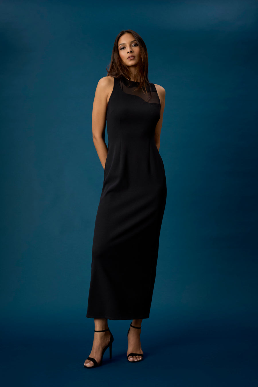 Ariella Jewel Neck Illusion Maxi Dress