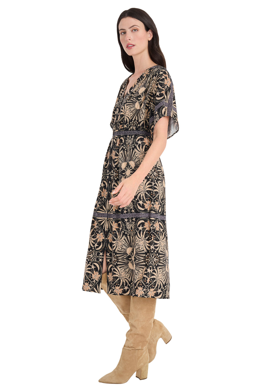 Jackson Smocked Waist Printed Midi Dress A-Line | The Good Journey BLACK/TAN / Standard / m Jackson Smocked Waist Printed Midi Dress A-Line | The Good Journey BLACK/TAN / Standard / m