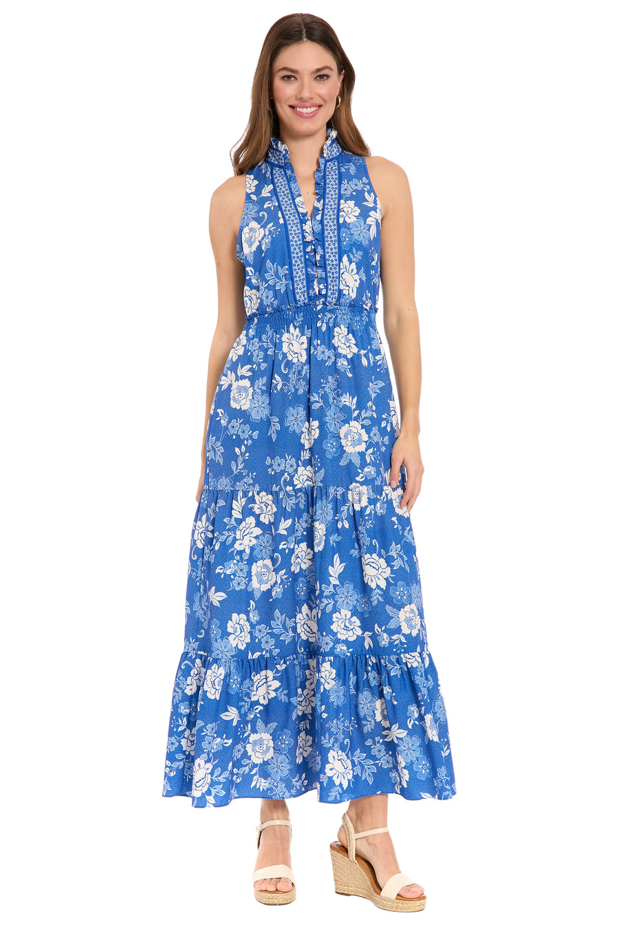 Brooke Ruffle Neck Smocked Maxi in Grid Floral