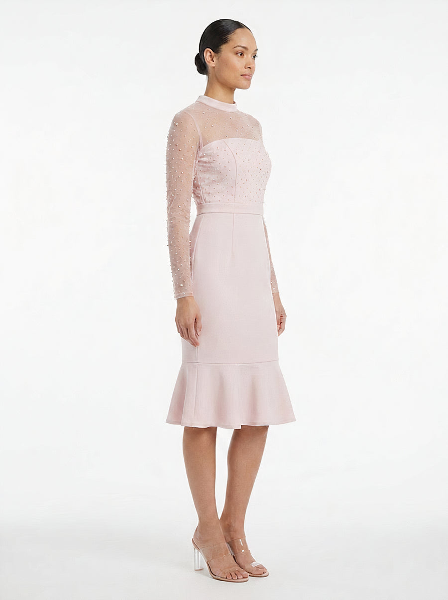 Laurenda Beaded Pearl Illusion Mesh Midi