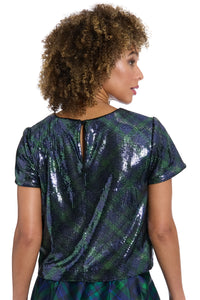 Roosevelt Sequined Plaid Short Sleeve Party Top