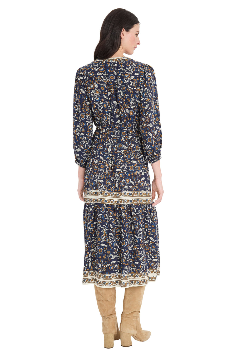 Nathan Printed Midi Dress with Smocked Waist A-Line | The Good Journey NAVY/SLATE BLUE / Standard / l Nathan Printed Midi Dress with Smocked Waist A-Line | The Good Journey NAVY/SLATE BLUE / Standard / l